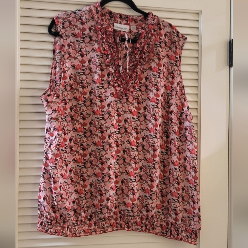 Avenue - (Plus-Size) Floral Sleeveless Ruffle Blouse Top With Tie Strings